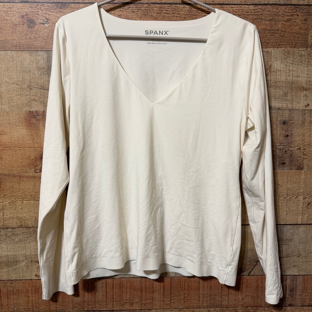 SPANX Fit To You Long Sleeve V-Neck Top Off-White Size XL